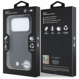 BMW suojakuori laitteelle iPhone 18 Pro Max / 17 Pro Max: (Carbon Metal Logo), MagSafe-yhteensopiva, väri: musta