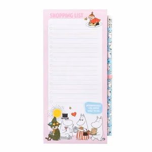 Moomins magneettinen ostoslistalehtiö jääkaappiin lyijykynällä, 10 × 21 cm