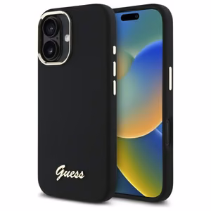 Guess Silikoninen Script Metal Logo & Frame Suojakuori iPhone 16 Plus:lle - musta