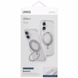 Uniq Swivix 360 Pyörivä Jalusta Suojakuori iPhone 16:lle - Läpinäkyvä