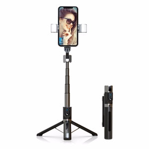 Selfie Stick - irrotettavalla Bluetooth-kaukosäätimellä, jalustalla ja 2 LED-valolla - P96D-2 - musta