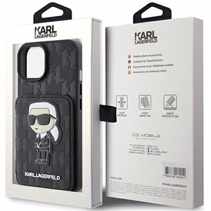 Karl Lagerfeld Saffiano Cardslots and Stand Monogram Ikonik Patch suojakuori iPhone 15:lle - musta