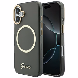 Guess IML Script Metal MagSafe Suojakuori iPhone 17:lle - musta