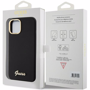 Guess Silikoninen Script Metal Logo & Frame Suojakuori iPhone 15:lle - musta