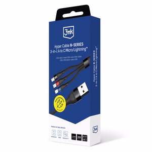 3mk Hyper Cable N-SERIES 3-in-1 USB-A / Lightning / Micro 1.2m 9V/2A 18W - musta