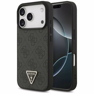 Guess Leather 4G Triangle Strass MagSafe -suojakuori iPhone 18 Pro / 17 Pro – musta
