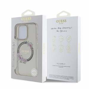 Guess Suojakuori iPhone 16 Pro:lle MagSafe-yhteensopiva GUHMP16LHFWFCK (IML Flowers Wreath) musta
