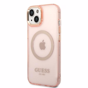 Guess GUHMP14MHTCMP iPhone 14 Plus 6.7 vaaleanpunainen/vaaleanpunainen kova suojakuori Gold Outline läpinäkyvä MagSafe