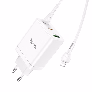 Laturi Hoco N33 + USB-C (Type-C) - Lightning -kaapeli (2xUSB-C; 1xUSB 35W) valkoinen