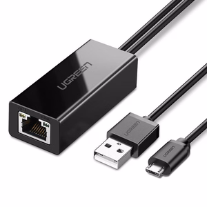 Ugreen 30985 ulkoinen verkkokortti Chromecastille, micro USB / USB-A -liittimillä, 100 Mb/s, 1 m, musta