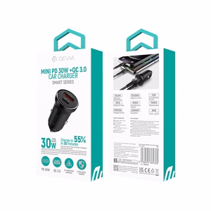 Devia autolaturi Smart Mini PD QC 3.0 30W 1x USB 1x USB-C valkoinen