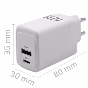 Qoltec 51825 GaN 45W laturi, 5-20V, 1.5-3A, 1 x USB-C PD, 1x USB QC 3.0, valkoinen