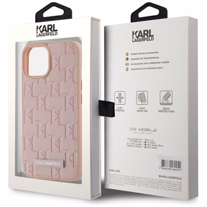 Karl Lagerfeld Leather Monogram Metal Logo MagSafe Suojakuori iPhone 15:lle - vaaleanpunainen