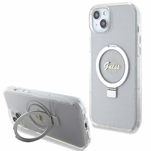 Guess GUHMP15MHRSGSD iPhone 15 Plus / 14 Plus 6.7" Läpinäkyvä/Läpinäkyvä Kova Suojakuori Ring Stand Script Glitter MagSafe