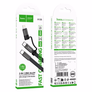 Litteä kaapeli USB C - USB C/iP 2in1 Hoco 3A 60W 1 m X125 musta