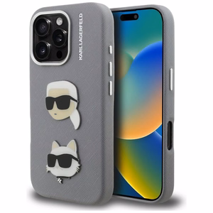 Karl Lagerfeld FW Grained Karl & Choupette Heads Pins Suojakuori iPhone 16 Pro - harmaa