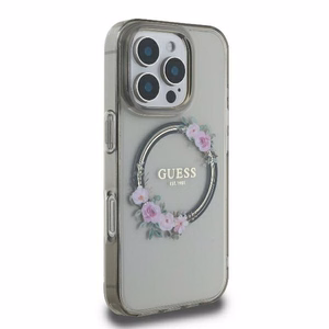 Guess Suojakuori iPhone 16 Pro:lle MagSafe-yhteensopiva GUHMP16LHFWFCK (IML Flowers Wreath) musta