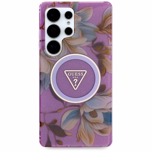 Guess Glitter Flowers Triangle Buttons MagSafe case for Samsung Galaxy S25 Ultra - purple