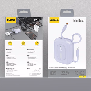 Dudao K32 22.5W 10000mAh Varavirtalähde Sisäänrakennetulla USB-C / Lightning Kaapelilla - Violetti