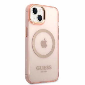Guess GUHMP14MHTCMP iPhone 14 Plus 6.7 vaaleanpunainen/vaaleanpunainen kova suojakuori Gold Outline läpinäkyvä MagSafe