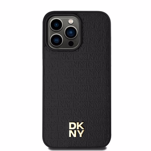 DKNY Nahkainen Monogram Pattern Metal Logo MagSafe Suojakuori iPhone 15 Pro Max:lle - Musta