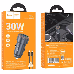 Autolaturi Hoco USB-A + USB-C QC3.0 PD 30W + USB-C - Lightning -kaapeli Z57A musta