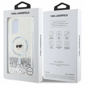 Karl Lagerfeld Liquid Glitter Karl Head MagSafe Suojakuori iPhone 16 Plus:lle - läpinäkyvä