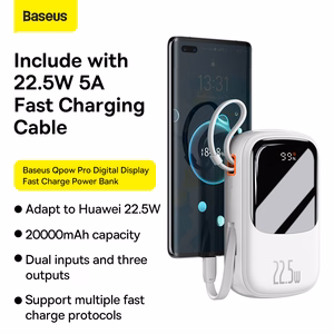 Baseus Power Bank 20000mAh Qpow Pro - USB + C-tyyppi - PD 22,5W C-tyypin kaapelilla (PPQD060302) valkoinen