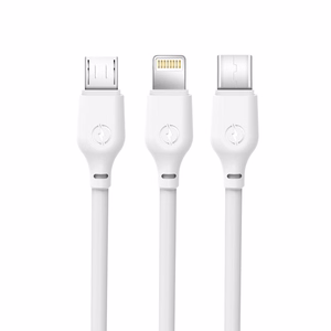 XO NB103 3-in-1 USB-A-kaapeli Lightning-, USB-C- ja Micro-USB-liittimillä, 1 m, 2,1 A – valkoinen