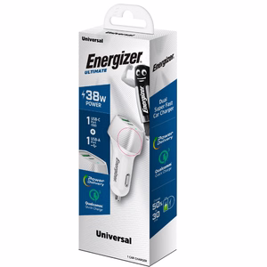 Energizer Ultimate D38WS autolaturi, USB-C + USB-A, 38 W PD + QC 3,0, valkoinen ja hopeanvärinen