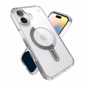 Speck Presidio Perfect-Clear -suojakuori MagSafe- ja ClickLock-tuella iPhone 16:lle, Clear/Chrome