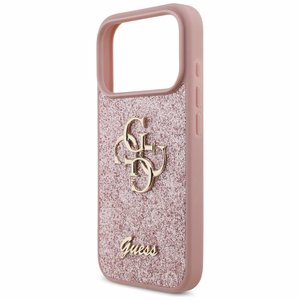 Guess PU Fixed Glitter 4G Metal Logo -kuori Apple iPhone 18 Pro -puhelimelle, vaaleanpunainen