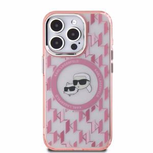 Karl Lagerfeld IML Monogram Karl & Choupette Head MagSafe Suojakuori iPhone 15 Pro:lle - Vaaleanpunainen