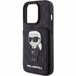 Karl Lagerfeld Saffiano Cardslots and Stand Monogram Ikonik Patch suojakuori iPhone 15 Pro:lle - musta