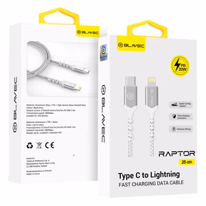 Blavec Raptor punottu Kaapeli - Type C - Lightning - PD 20W 2,4A 0,25 metriä Apple CarPlay (CRA-CL24WS025) valkoinen-hopeinen