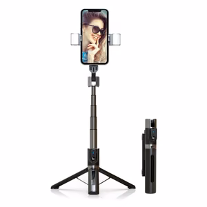 Selfie Stick - irrotettavalla Bluetooth-kaukosäätimellä, jalustalla ja 2 LED-valolla - P96D-2 - musta