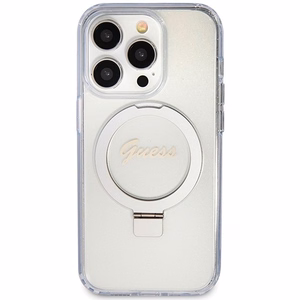 GUESS Suojakuori IPHONE 15 Prolle MagSafe-yhteensopiva GUHMP15LHRSGSD (Glitter Script Logo Ring stand) läpinäkyvä