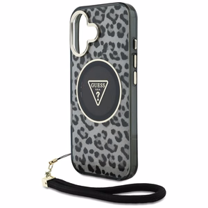 Guess HC IML Leopard Triangle Cord Strap MagSafe Suojakuori iPhone 16:lle - musta