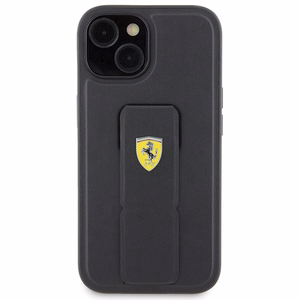 Ferrari Grip Stand Metal Logo Suojakuori iPhone 15:lle - musta