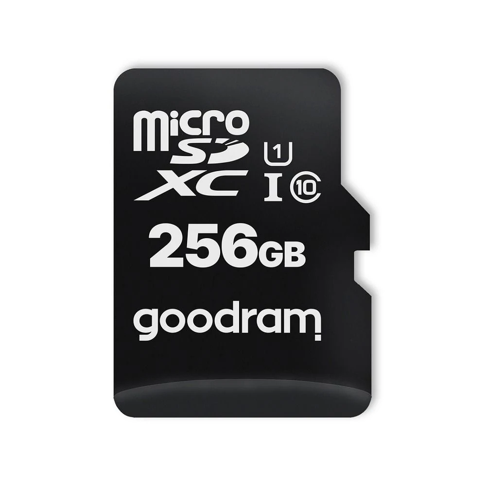 Musta GOODRAMin 256 Gt:n microSD-muistikortti lähikuvassa