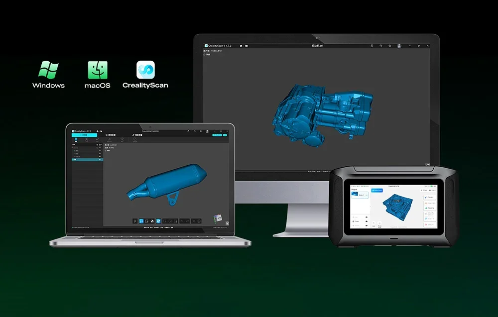 CrealityScan software näytöillä moottoripyörän osien 3D-mallien kanssa