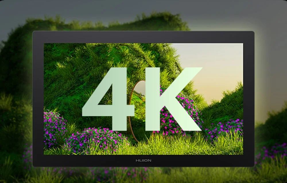 Huion-näytöllä näkyy vihreä 3D-maisema, violetteja kukkia ja suuri 4K-merkintä näytön keskellä.