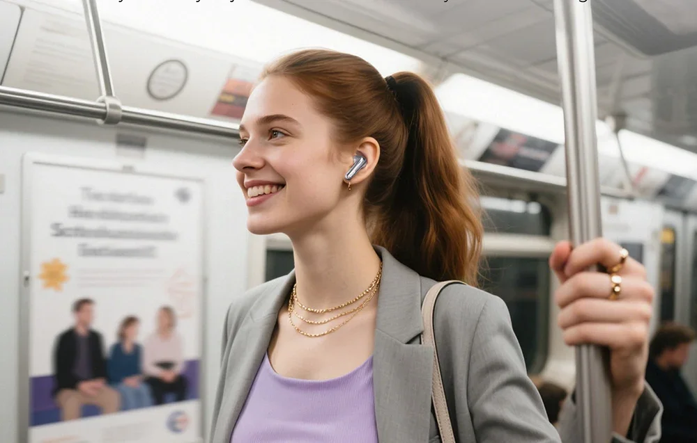 Hymyilevä nainen violetissa puserossa ja harmaassa takissa matkustaa metrossa hopeinen kuuloke korvassaan