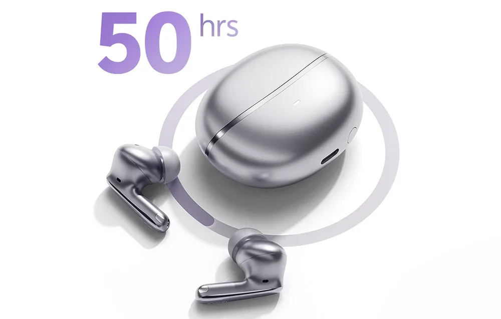 Hopeiset kuulokkeet suljetun kotelon vieressä, jossa on violetti teksti „50 hrs“ viittaamassa akunkestoon