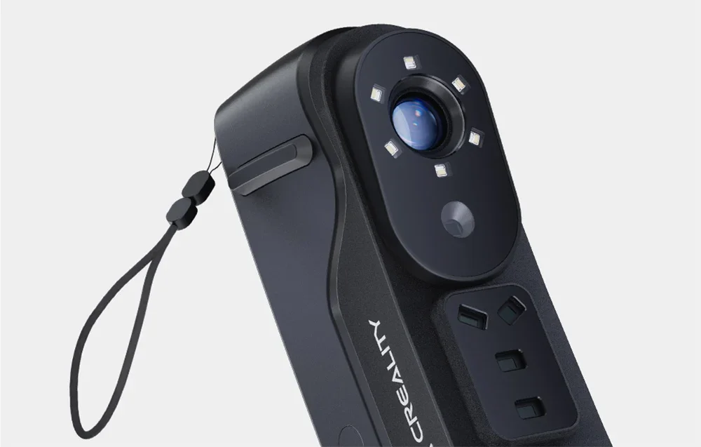 Lähikuva Creality 3D scanner -päästä, kamerasta ja LED-valoista
