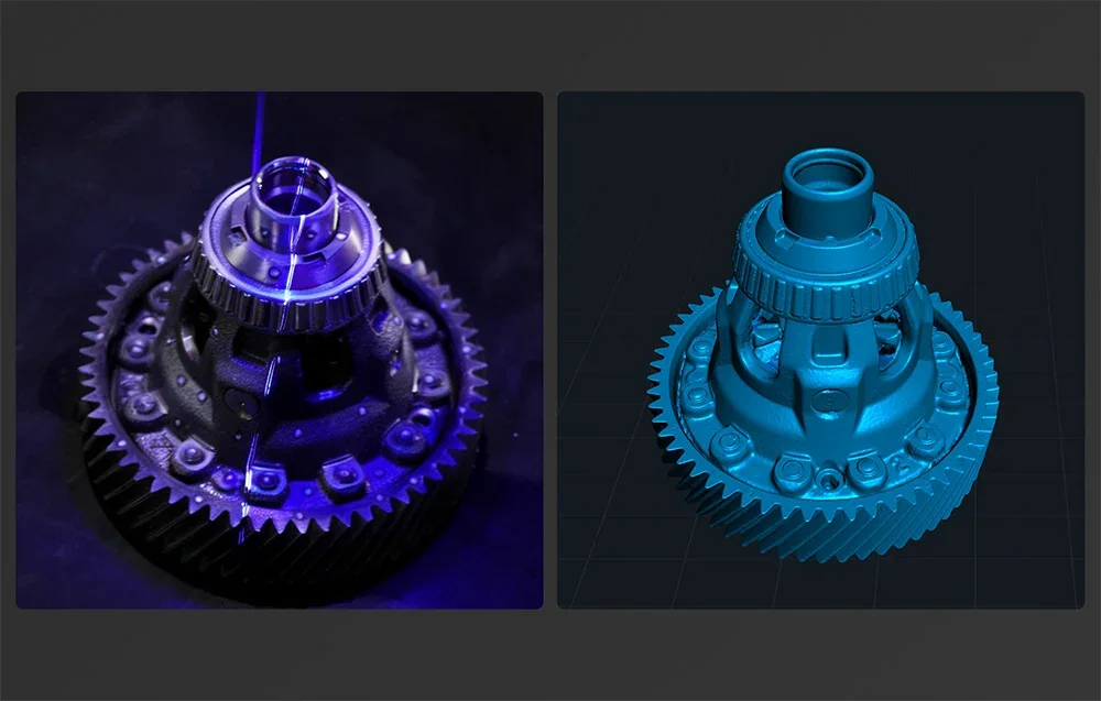 Laser-skannattu mekaaninen osa ja sen digitaalinen 3D-malli vieressä