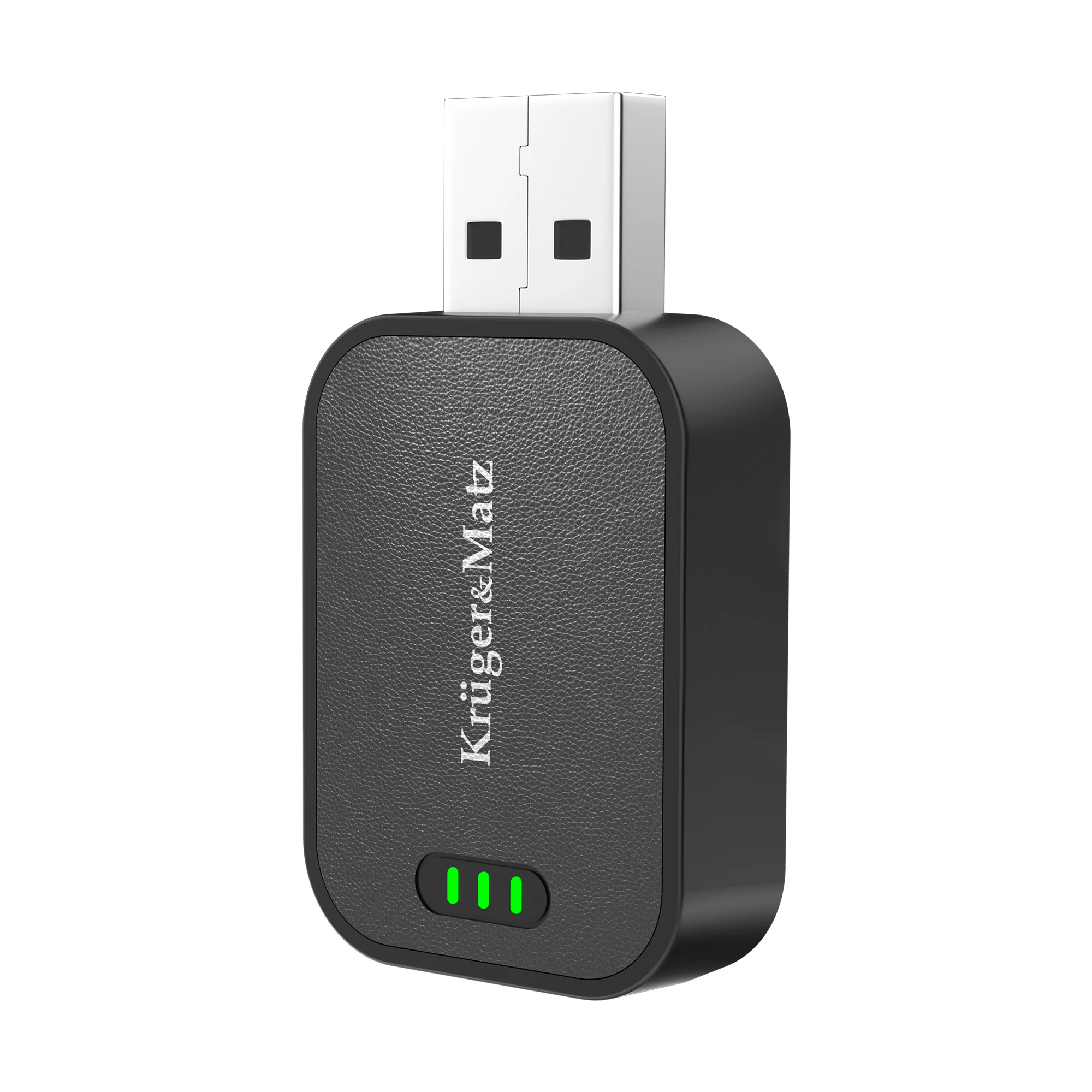 Musta Kruger&Matz USB-A-sovitin ja vihreä merkkivalo