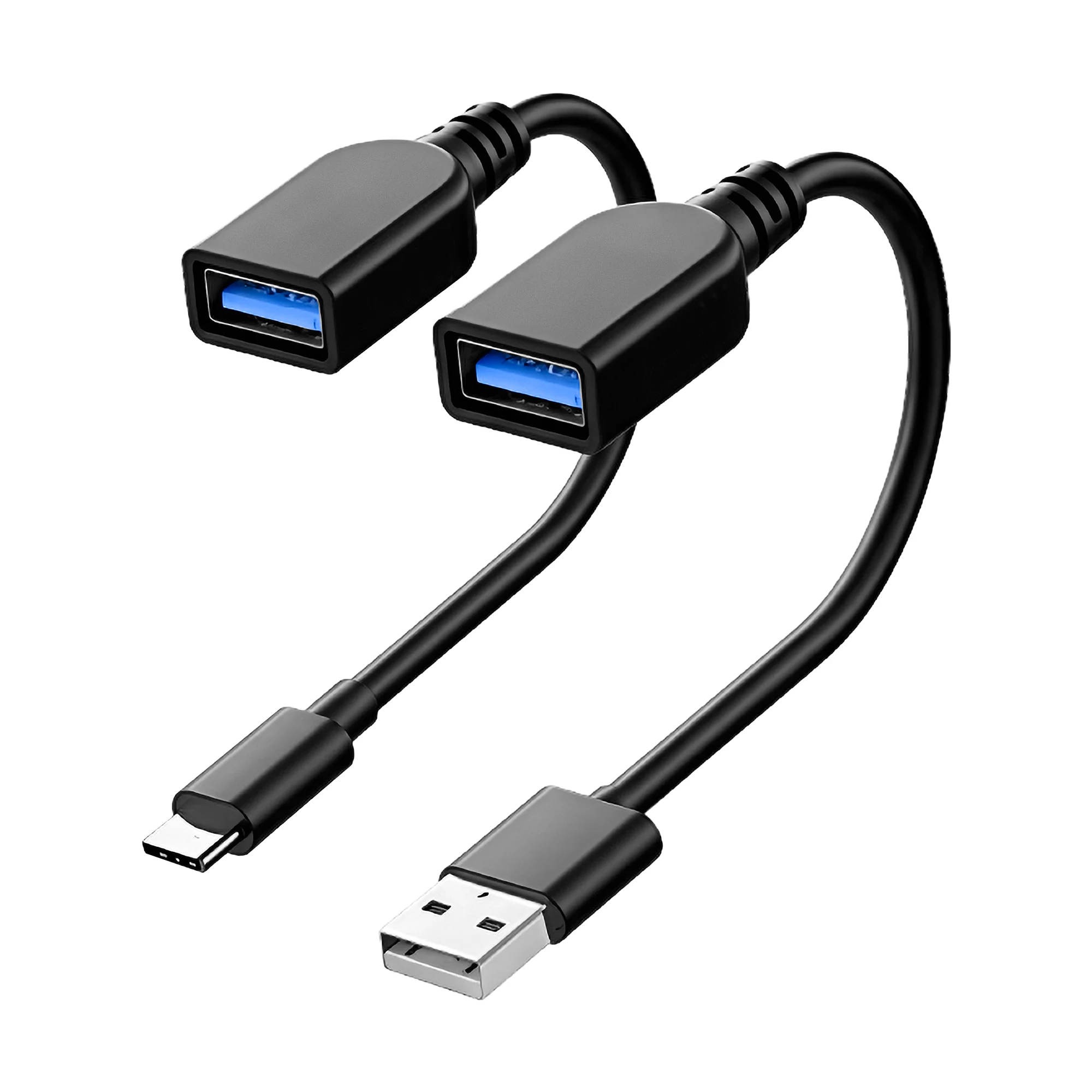 Kaksi lyhyttä kaapelia, joissa on USB-A-naarasliittimet sekä USB-C- ja USB-A-urosliittimet