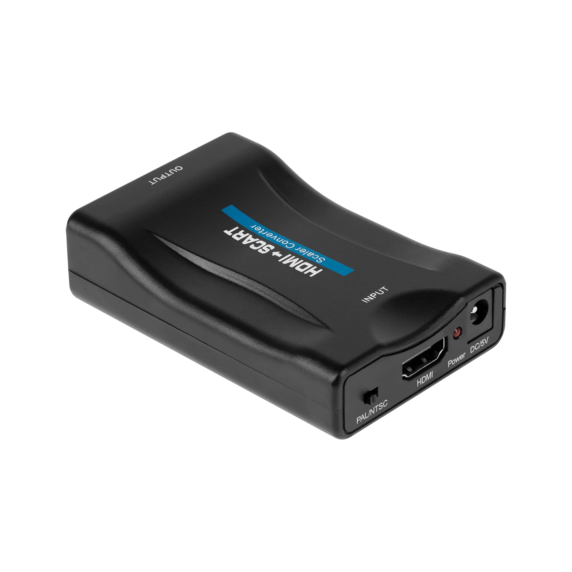 Musta ZLA0111-muunnin, jossa HDMI INPUT -merkintä ja PAL/NTSC-kytkin