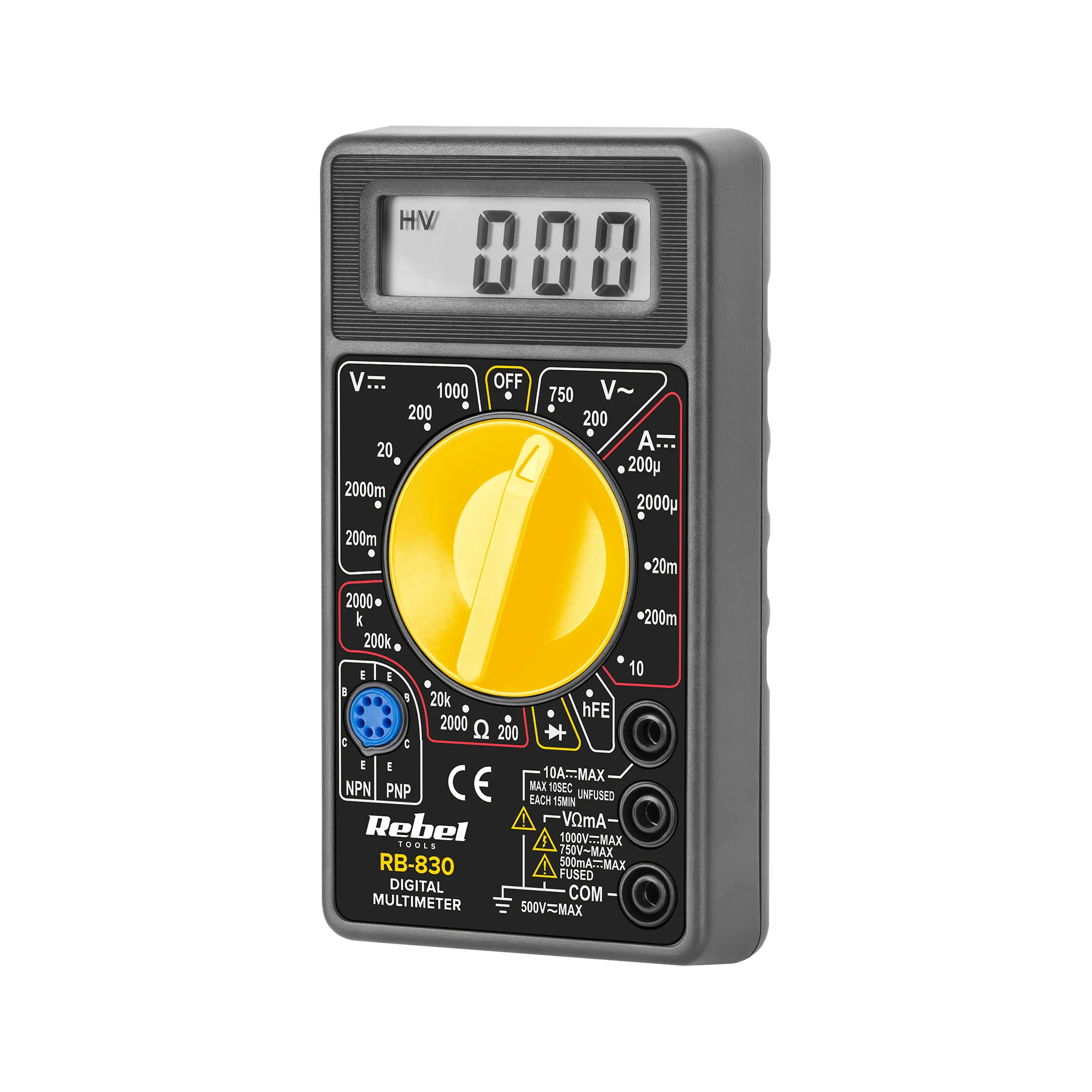 REBEL RB-830 edestä, digitaalinen näyttö ja keltainen kiertovalitsin